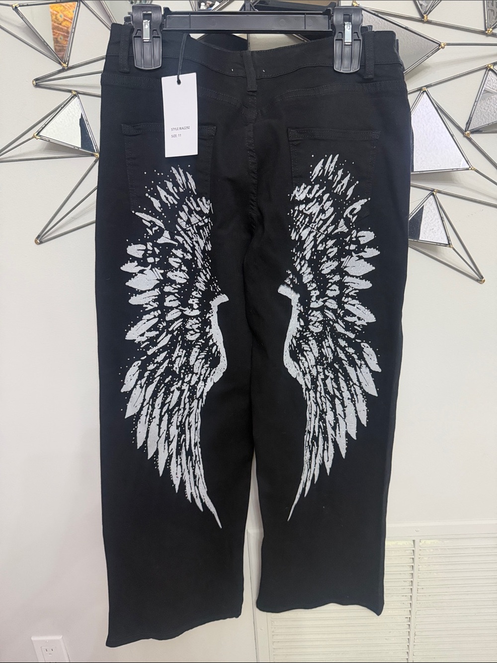 BAMBOO Black Wide Leg Jeans with White Angel Wing Print